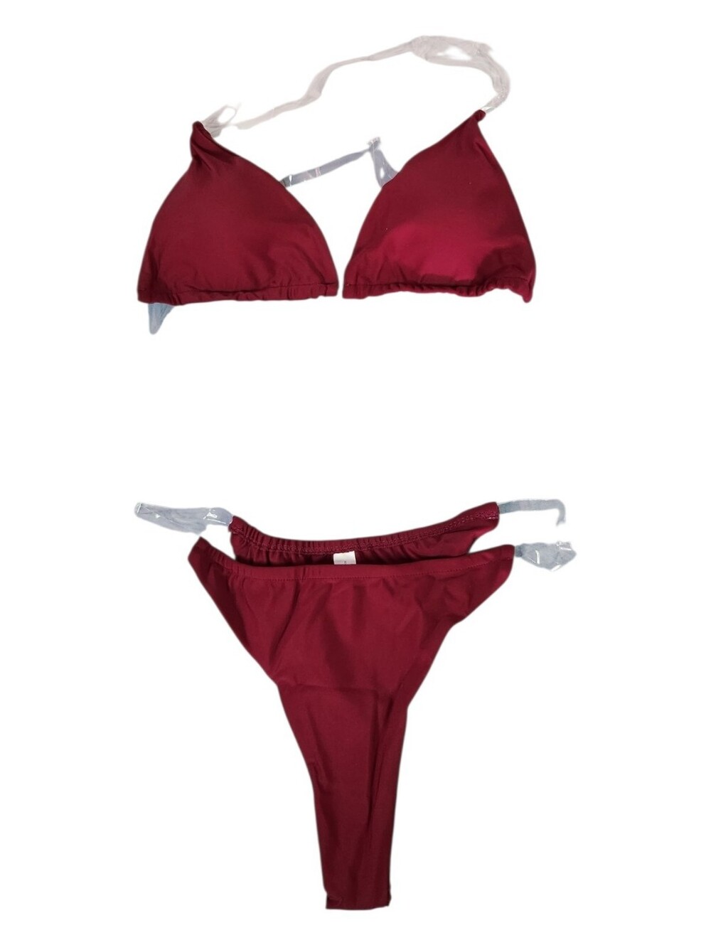Burgundy Maroon Triangle Clear Strap Bikini Two Piece High Cut Swimsuit Large